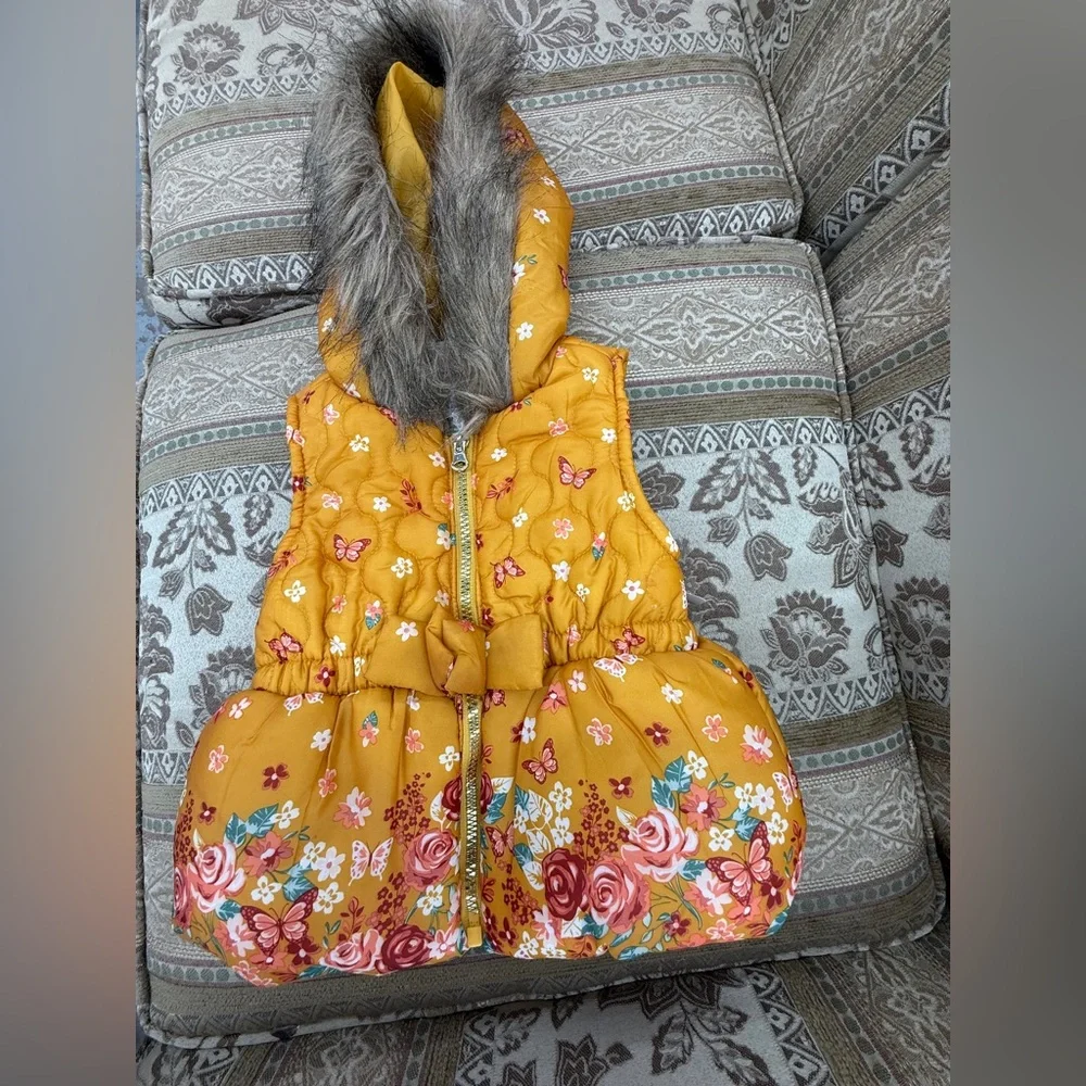 Little Lass Yellow Floral Vest with Faux Fur